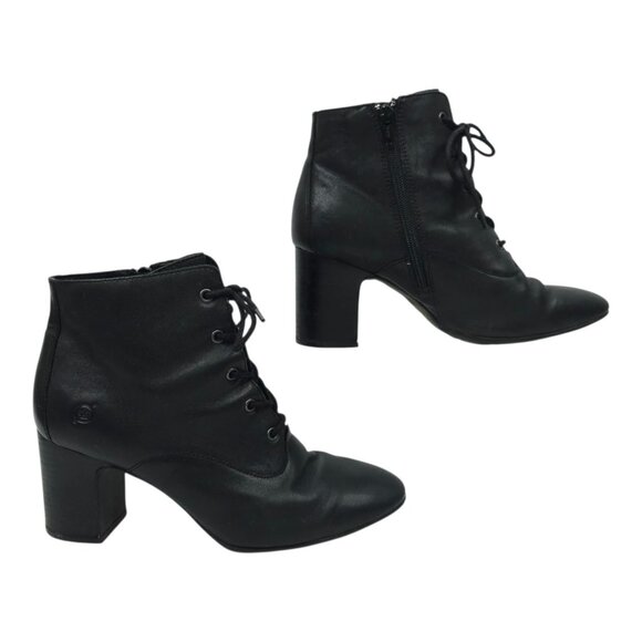 Born Ankle Boots Womens 9.5 M Leather Block Heel Side Zip Lace Up Black F56003 - Picture 2 of 16